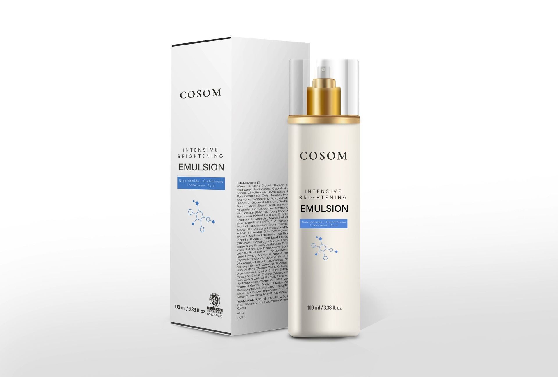 Cosom Intensive Brightening Emulsion bottle and packaging with product details visible.