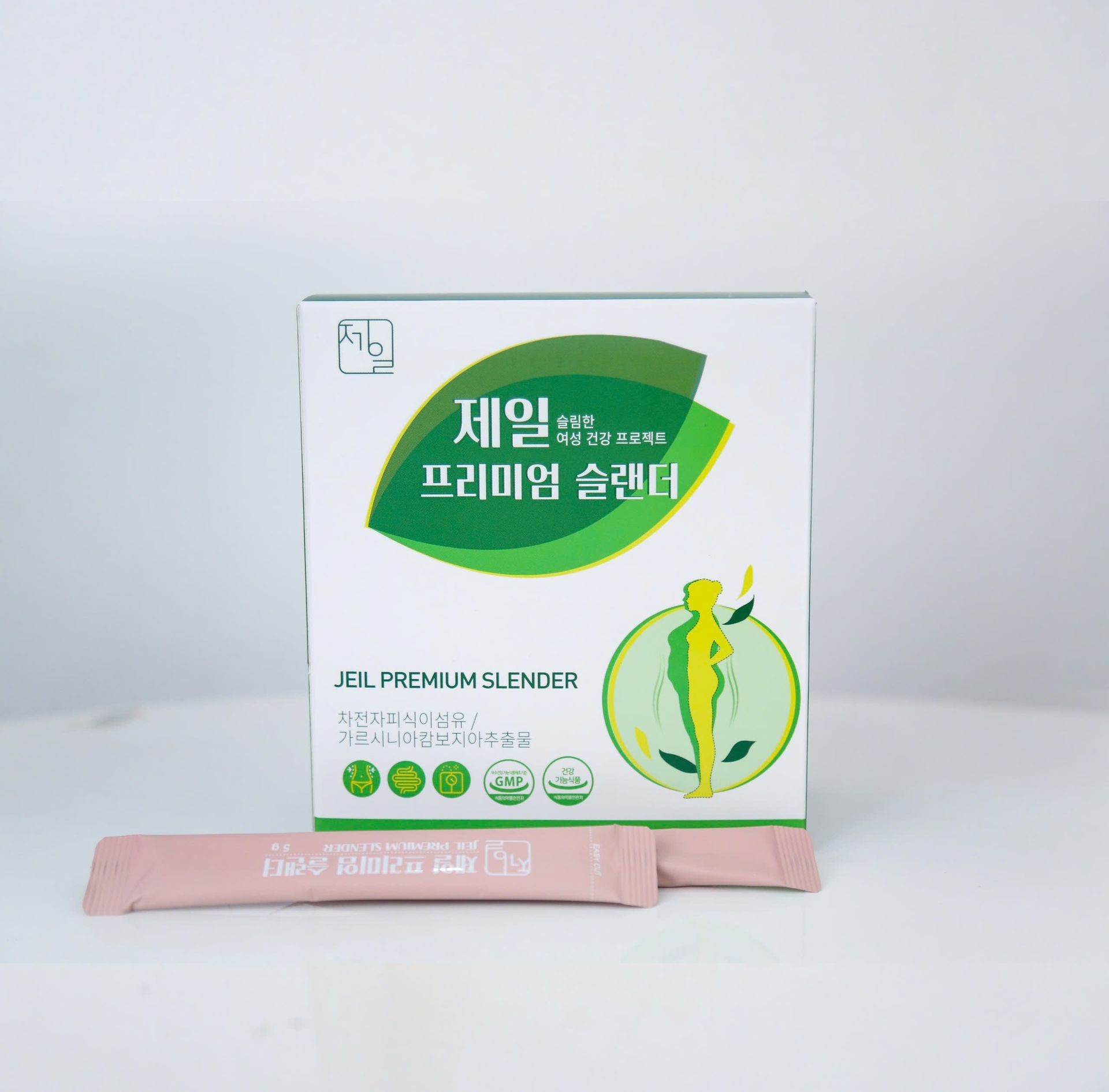 Box of Jeil Premium Slender dietary supplement and a pink sachet on white background.