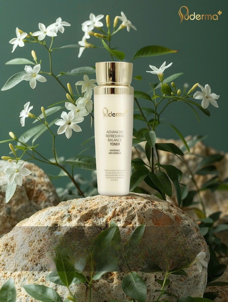 Bottle of toner displayed on a rock surrounded by white flowers and green leaves.