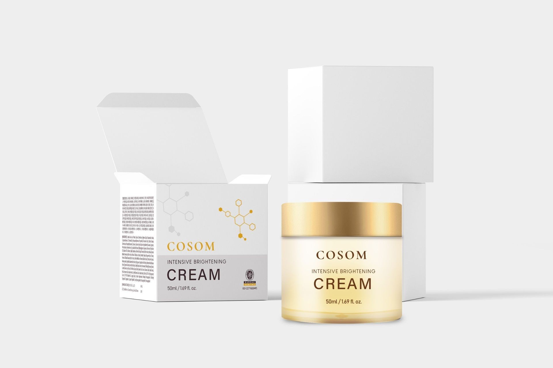 Cosom Intensive Brightening Cream jar and packaging with gold accents on a white background.