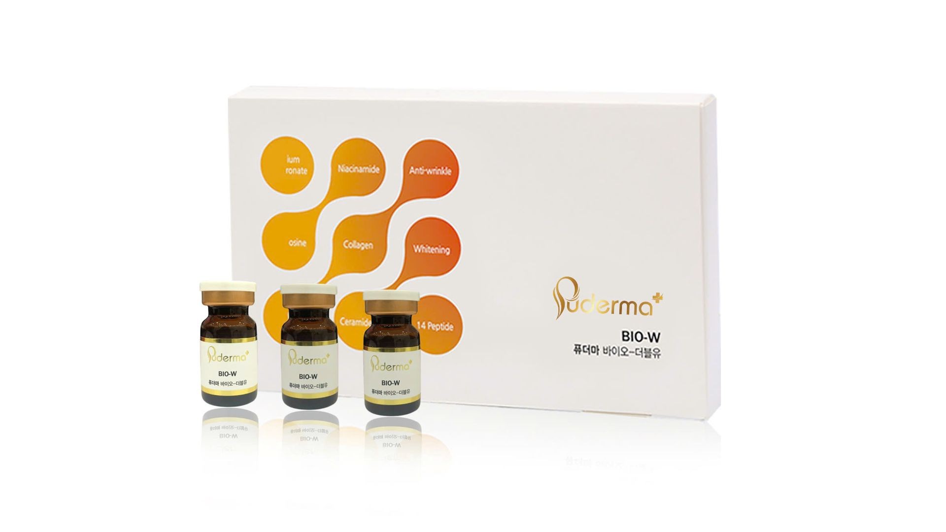 Three Bio-W skincare vials in front of a white box with orange graphics and text.