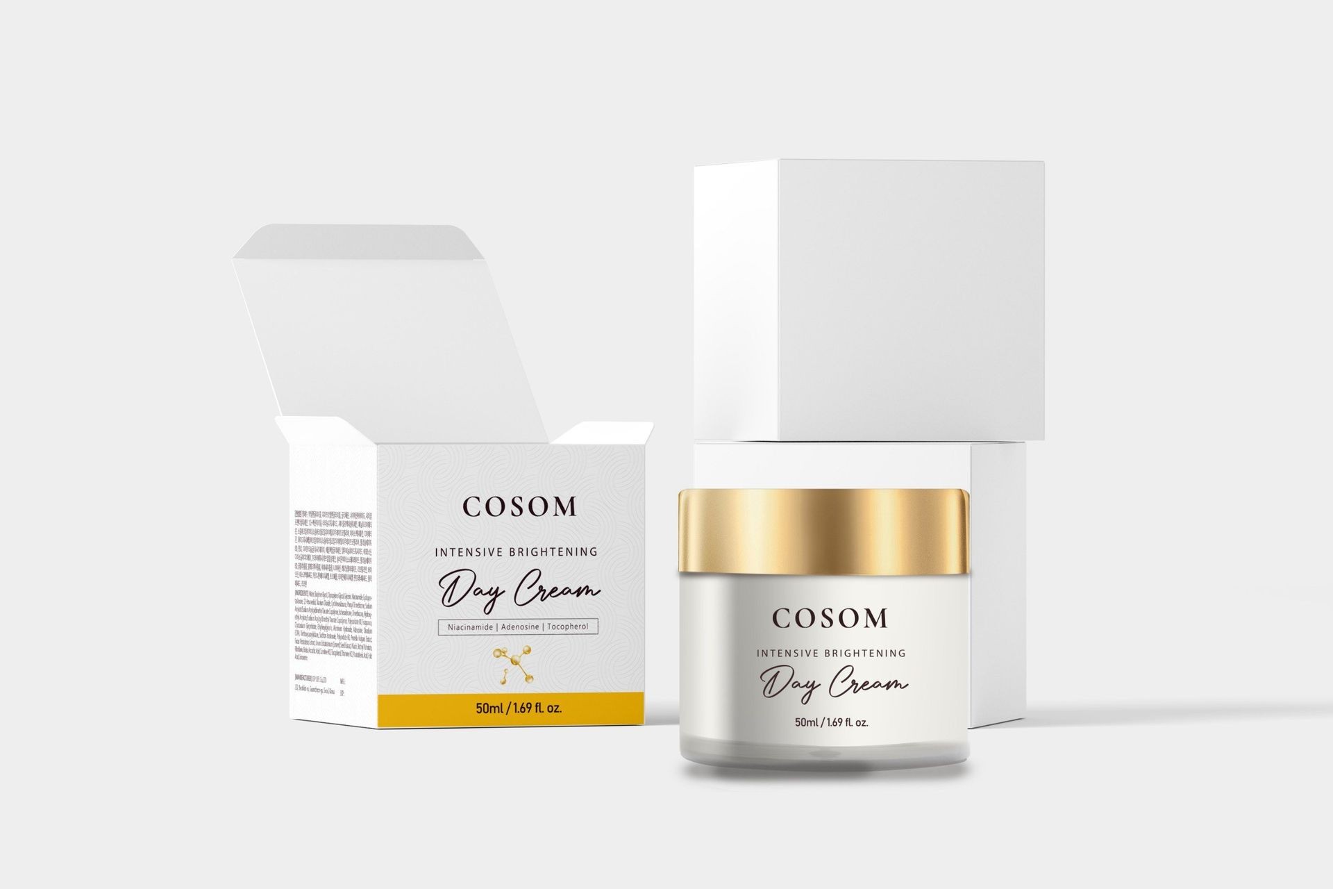 Cosom Intensive Brightening Day Cream with gold cap and open packaging on display.