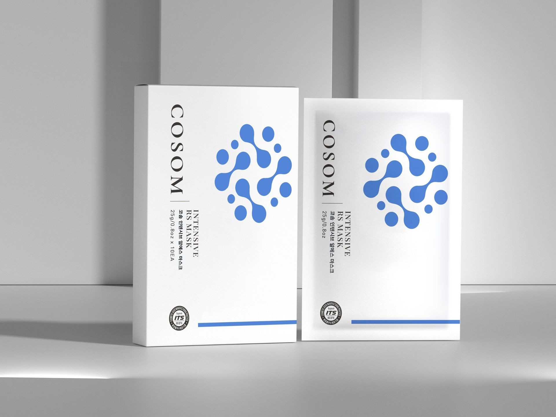 Two COSOM Intensive RX Mask boxes with blue molecular design on a gray background.