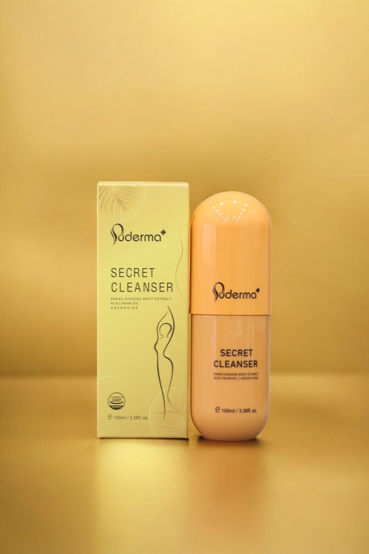 Derma secret cleanser product with packaging on a gold background.